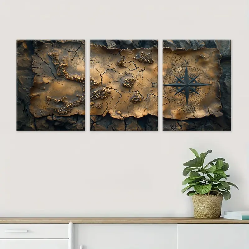 Game Map Pattern Canvas Painting with Frame, 3 Counts/set Retro Map Wall Decoration, Modern Art Wall Art for Home Living Room Bedroom Office 8