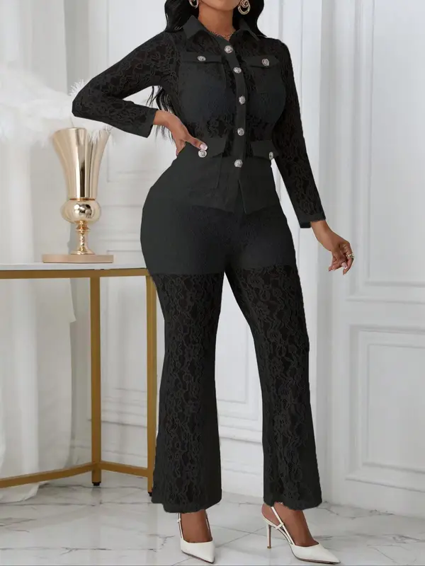 Women's Floral Lace Button Front Pocket Jacket & High Waist Pants Set, Elegant Sheer Long Sleeve Collared Top & Straight Leg Pants for Vacation Holiday Party, Ladies Clothes for All Seasons, Sassyclassyclothing, Co-ord Sets for Women 2