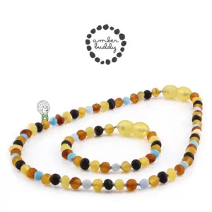 Amber Buddy | LE481 Kalung & Gelang Bayi Baltic Amber kombinasi Blue Frost Agate. 32cm & 14cm