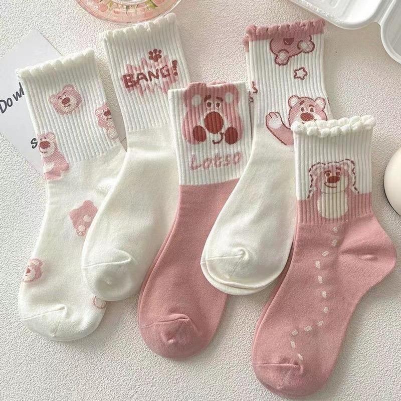 Product Introduction of sét 10 đôi Vớ cổ cao hình gấu dâu LOSTO dễ thương  - Tất cao cổ hoạ tiết gấu hồng co giãn Nữ Voi Voan Women 9