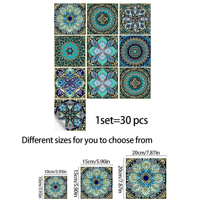 Mandala Pattern Tile Sticker, 30pcs/set Boho Style Tile Sticker, Decorative Sticker for Home Kitchen & Living Room, Boho Home, Decoration 1