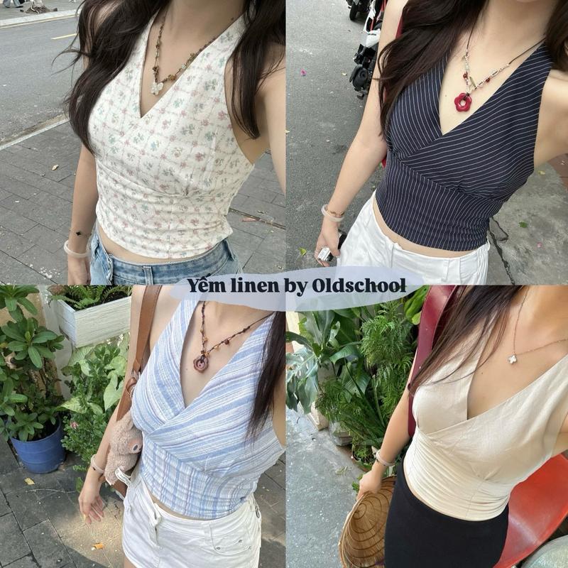 (KHÔNG CÓ MÚT ĐỆM) Áo croptop linen cổ yếm cột dây basic Women