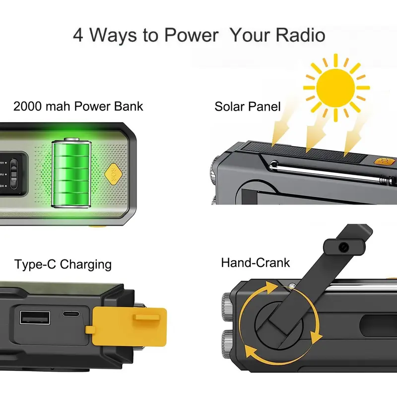 Portable Radio, 2000mAh Emergency Radio with Solar & Hand Crank Powered, AM/FM Radio with 3-LED Flashlight for Outdoor Emergency 3
