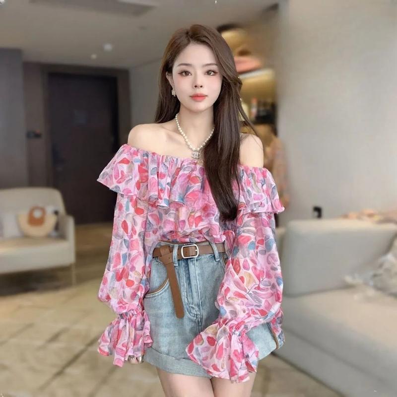 Áo Trễ Vai, Hàng Mới Về Mùa Hè,  Thiết Kế Quây Ngọt Ngào Che Phủ Thịt, Áo Sơ Mi Dáng Rộng, Làm Bằng Voan, Dành Cho Nữ 3