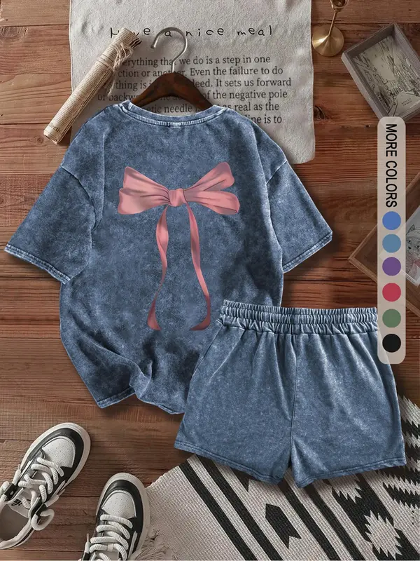 Two-Piece Set Women's Bow Print Tee & Shorts, Casual Short Sleeve T-shirt & Skinny Shorts, Ladies Summer Clothes for Daily Wear 1