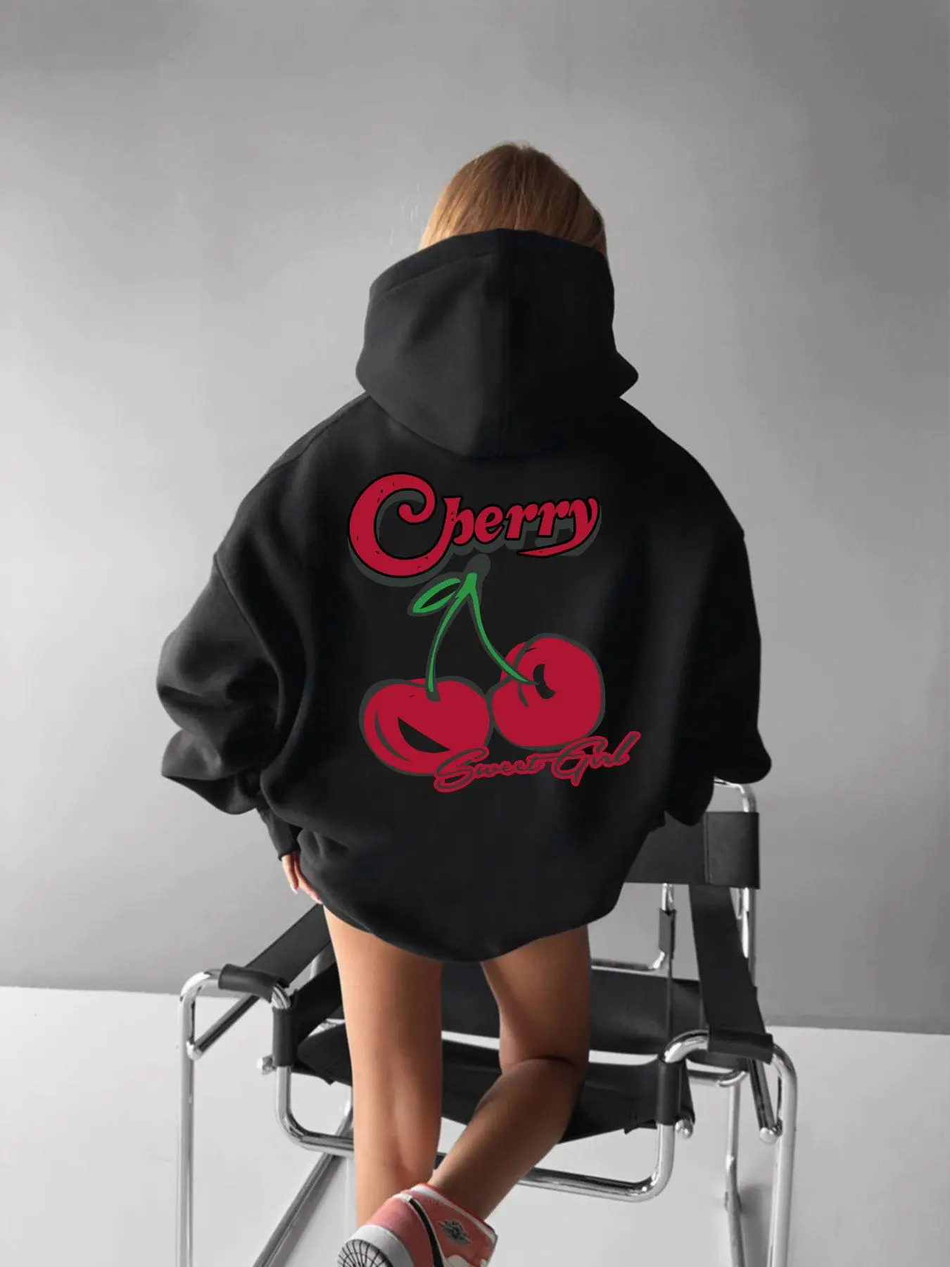 Women's Cherry & Letter Print Drawstring Pocket Hoodie, Casual Drop Shoulder Long Sleeve Hooded Sweatshirt, Ladies Fall & Winter Clothes for Daily Wear