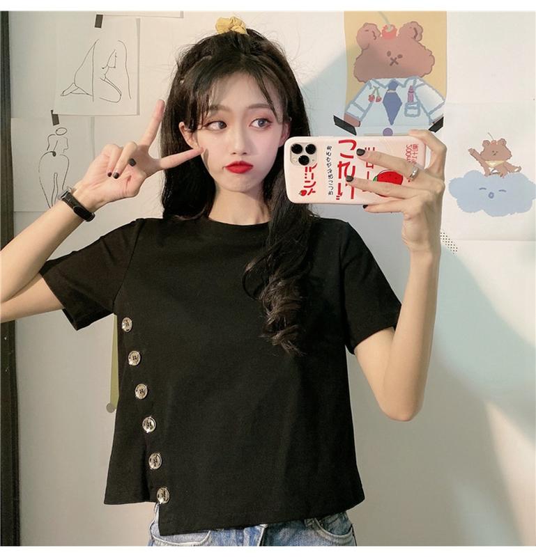 Product Introduction of Women's Short-Sleeved T-shirt 2020 Summer New Fashionable Stylish Ins Trendy Korean Versatile Short Type Design Sense Niche Top 4