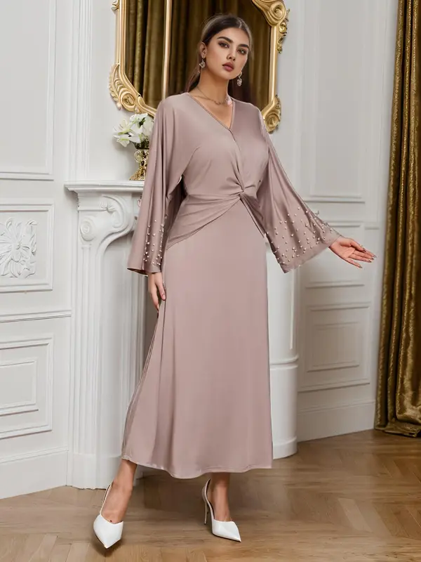 Women's Plain Twist Wrap V Neck A Line Dress, Elegant Long Sleeve Long Dress for Spring & Fall, Eid Outfits for 2024, Women's Clothing for Party Banquet 0