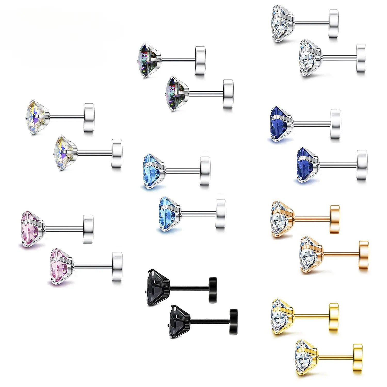 Titanium Steel Flat Bottomed Zircon Ear Studs, Round Cake Ear Bone Studs, Cochlear Studs, Zircon Ear Studs, External Threads, Versatile, High-End Feel