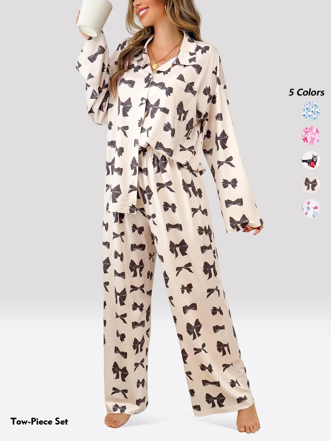 Women's All Over Print Lapel Neck Pajama Two-piece Set, Long Sleeve Button Top & Pants PJ Set, Casual Comfy Pyjama Set for Women, Loungewear