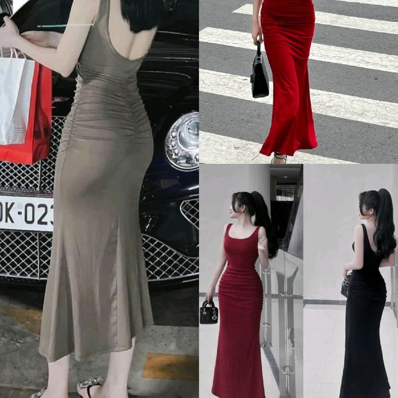 Đầm Sát Nách Ba Lỗ Cổ Vuông Hở Lưng Nhún Lưng Nhún Eo - Dài Midi Ôm Body - đầm ôm body váy dự tiệc váy xinh đầm nữ Nữ Women Dress Thun váy tiệc vay sang