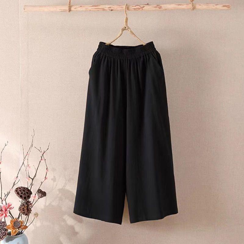 Product Introduction of M-4XL 3 Quarter Pants Women Wide Leg Palazo Slack Baggy Cotton Linen Plus Size Vintage Casual Loose Ladies Vogue Plain Summer Woman Pants Yellow Gray Red Green White Black Seluar 3 Suku ootd Poket Retro Hitam Putih Perempuan Wanita Murah Belt 28