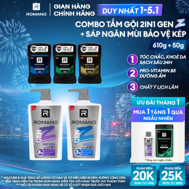 DUY NHẤT 1-5.1 Combo Tắm Gội 2in1 Romano Gen Z 610g và Sáp Khử Mùi Romano Lưu Hương 72H Hương Nước Hoa 50g
