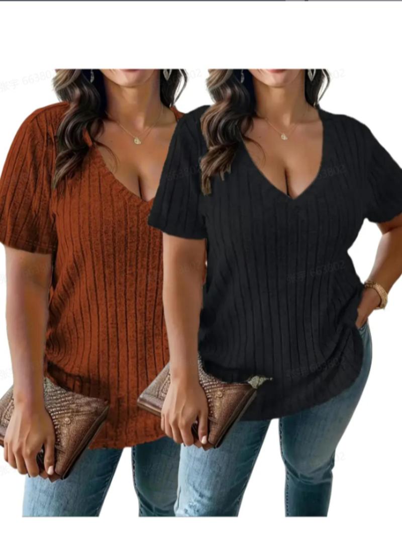 Product Introduction of Plus Size Plain V Neck Tee, Casual Short Sleeve T-shirt for Summer, Women's Plus Clothing for Daily Wear 3