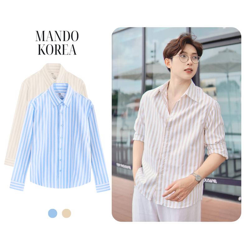 SHT036 Áo Sơ Mi Kẻ Sọc Xanh MANDO Chất Liệu Vải Oxford Dày Dặn Đứng Form Phong Cách Hàn Quốc Đơn Giản Dễ Phối Đồ Menswear Shirt