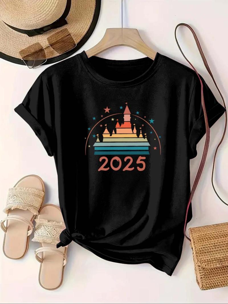 Product Introduction of 【Plus Size】 Cartoon Castle & Figure Print Round Neck Tee, Casual Short Sleeve Crew Neck T-shirt for Summer, Women's Plus Clothing for Daily Wear 1