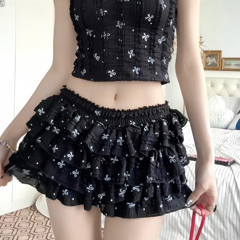 Chân Váy Nữ Nhún Bèo 3 Tầng Dáng Ngắn in Hoạ Tiết Nơ  Women Voan Sen Kem chân váy tầng xoè  hoa nhí