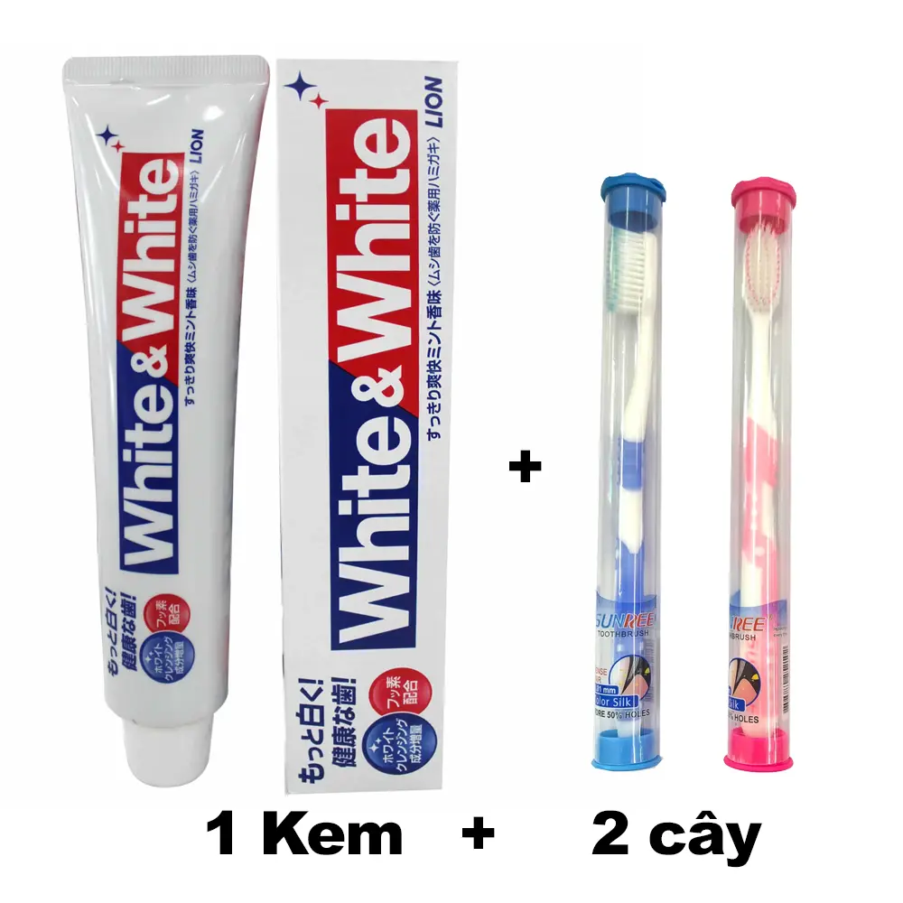 1 Kem đánh răng WHITE & WHITE Nhật Bản 150g và 2 bàn chải lông mềm Sunree Trắng Răng