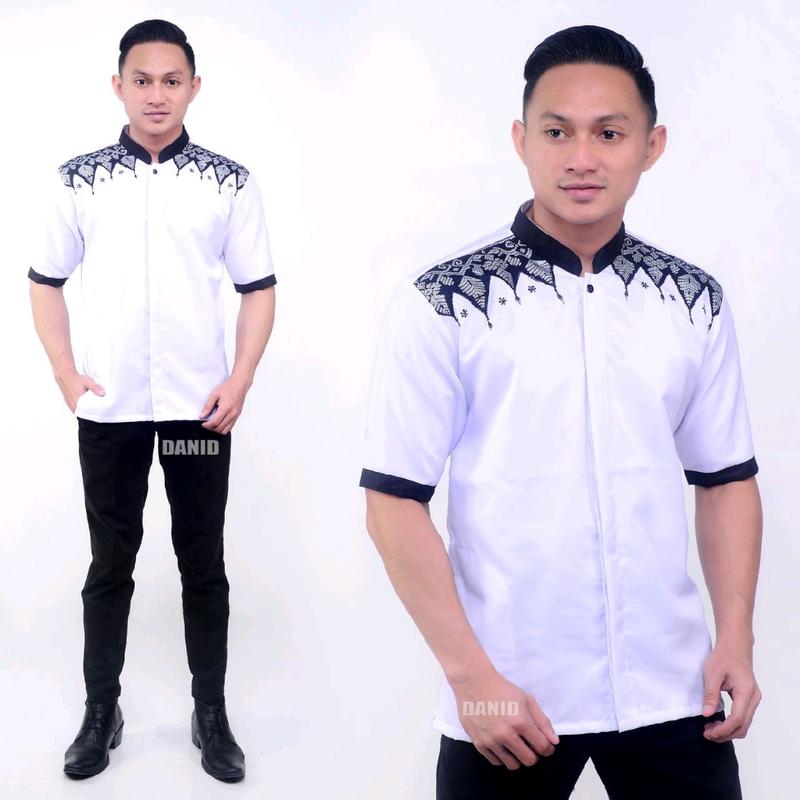 BAJU KOKO PRIA BORDIR PUTIH LENGAN PENDEK TERBARU TH 2023 Katun muslim formal muda dewasa Motif Kurta 5