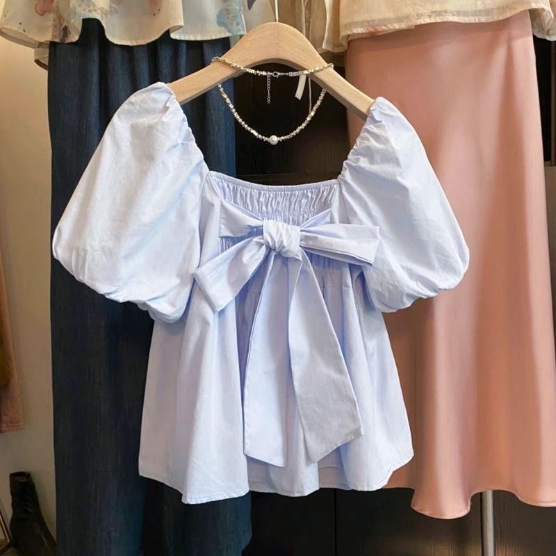 Baju Petani Kolar Persegi, Gaya Korea, Baju Lengan Puff Pembalut Ikatan ...