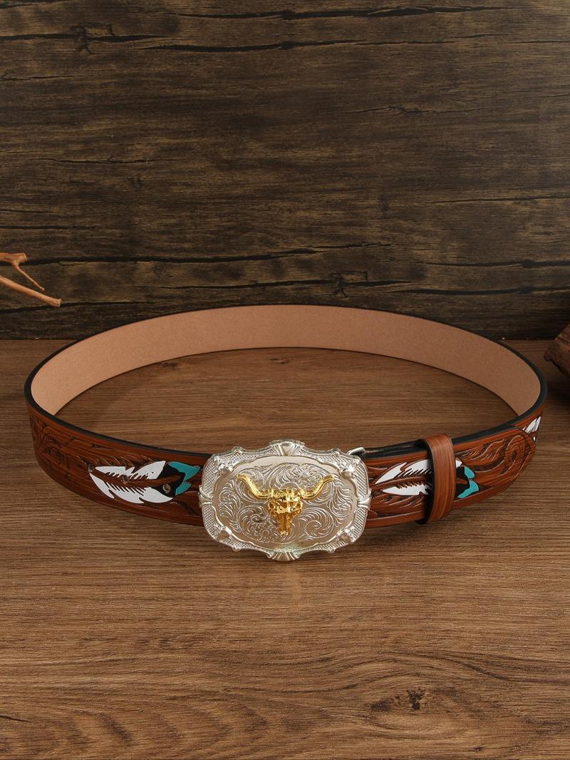 Product Introduction of Men's Bull Head Buckle Western Belt, Fashionable Feather Pattern Belt for Men, Casual Waistband for Jeans Trousers, Fashion Belt for Party, Daily Clothing Decor 2