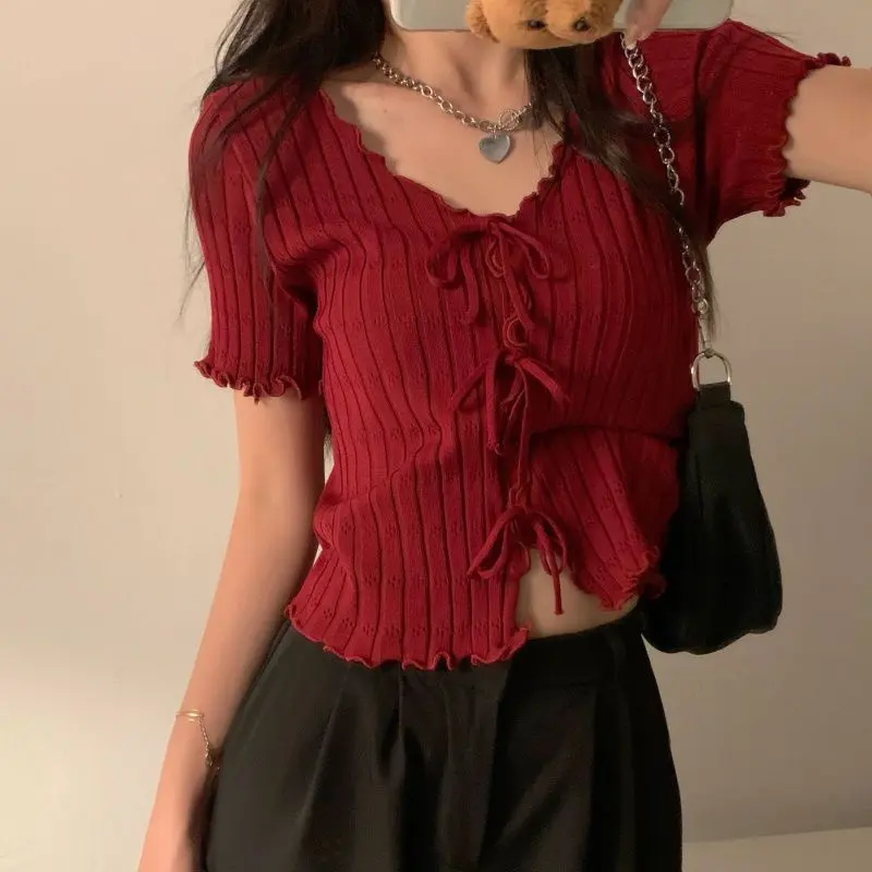Áo Len Ren Ngắn Tay Cho Nữ, Áo Crop Top Mỏng, Ôm Sát, Mới, Mùa Hè