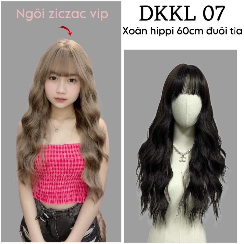 ( kèm lưới trùm đầu ) tóc giả nữ ngôi ziczac dáng xoăn hippi dài 60cm KL 07