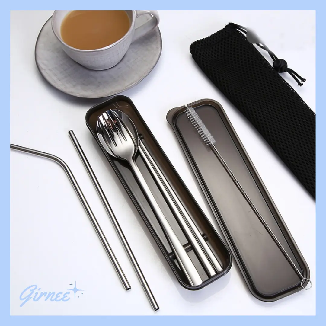 (COD) Termurah Paket Alat Makan Minum Sujeo Korea Hitam [7IN1]/Sendok Garpu Sumpit Sedotan Sujeo Korea/Set Alat Makan Minum Korea/Sumpit Pipih Korea/Set Makan/Cutlery Set Korea/Portable Set Stainless Drink Straw Warna Warni Rainbow Gold Rosegold Ungu Emas
