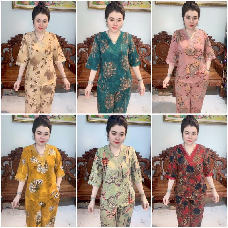 đồ bộ trung niên cho mẹ mẫu CỔ TIM PHỐI REN tay lỡ quần dài bộ gồm áo và quần món quà tặng mẹ.