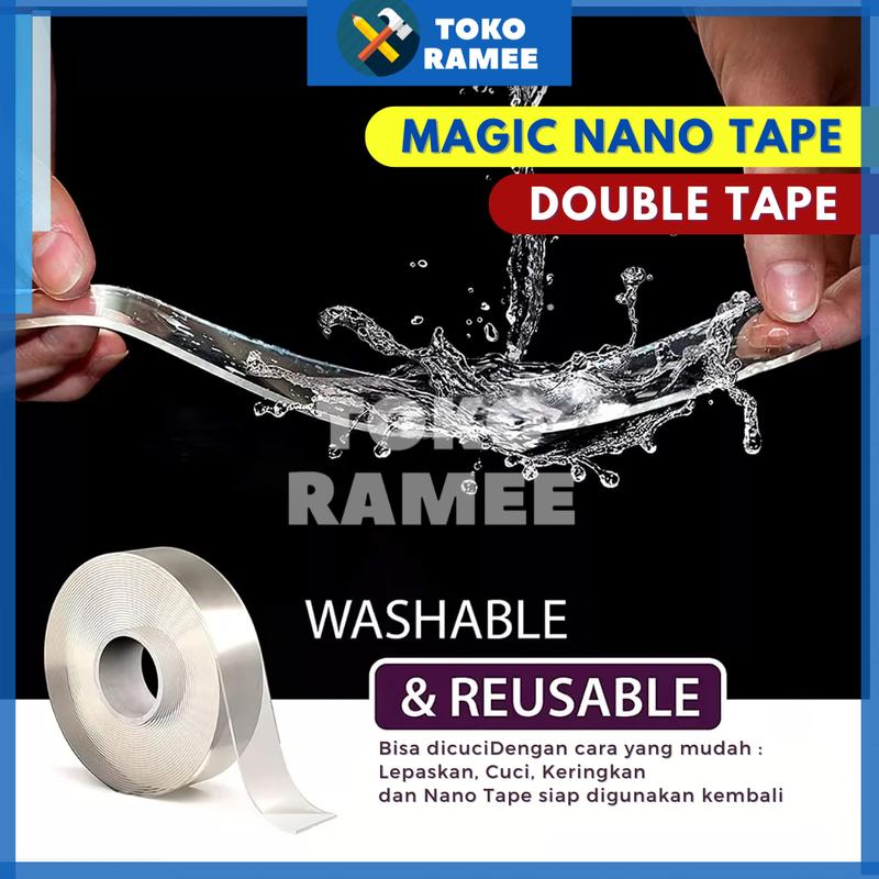 Lem Double / Doble Tape Nano Magic Tape Lakban Selotip Isolasi Tempelan Perekat 2 Sisi Double / Doubel / Dauble Tip Tipe Tap Tape 1M 3M 5M Bening Akrilik Acrylic Super Kuat Tanpa Bekas Dinding Serbaguna Multifungsi Waterproof Water Proof Bisa Dicuci 3