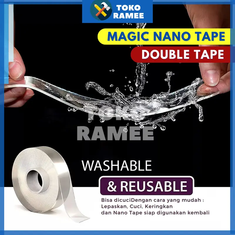 Lem Double / Doble Tape Nano Magic Tape Lakban Selotip Isolasi Tempelan Perekat 2 Sisi Double / Doubel / Dauble Tip Tipe Tap Tape 1M 3M 5M Bening Akrilik Acrylic Super Kuat Tanpa Bekas Dinding Serbaguna Multifungsi Waterproof Water Proof Bisa Dicuci 2