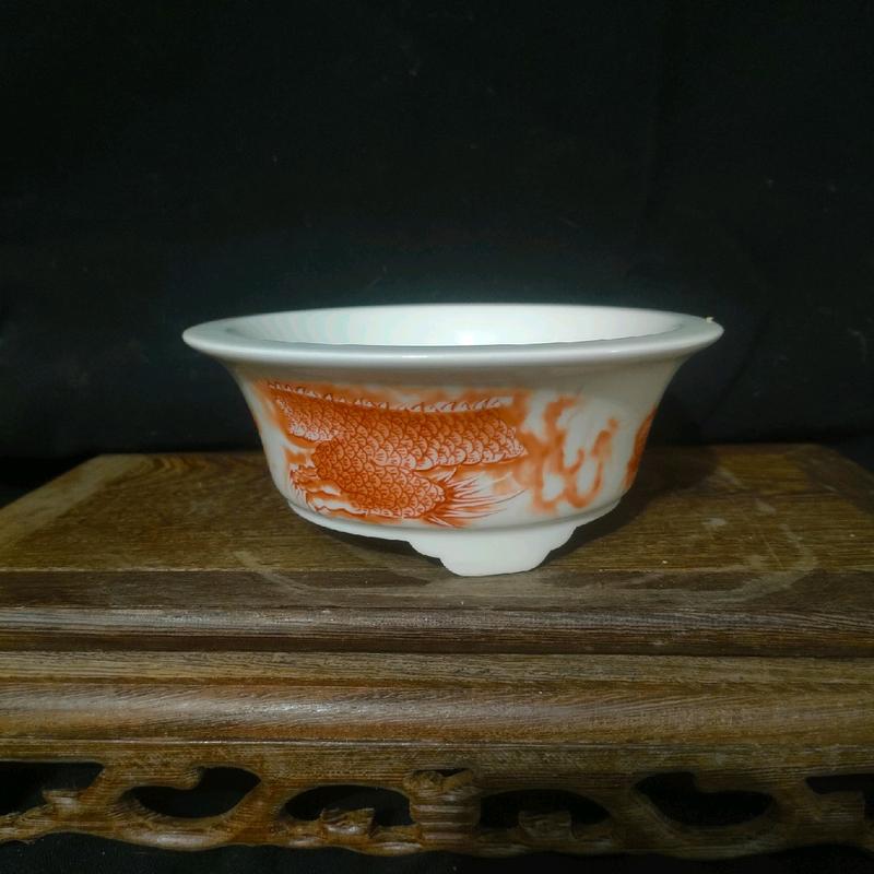 Chậu tròn miệng loe; hoạ tiết rồng và phong cảnh 3