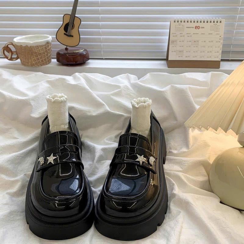  Giày đốc nữ da bóng lì đính kèm trăng sao da mềm cao cấp  hàng QCCC Shoes Đế Cao 