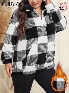 CURVZY Plus Size Plaid Print Drop Shoulder Zip Up Fuzzy Sweatshirt, Casual Long Sleeve Stand Collar Pocket Pullover for Fall & Winter, Women's Clothes for Daily Wear