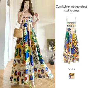 Gaun Wanita Seksi dengan Tali Bahu, Gaun Motif Grafiti, Gaun Tanpa Lengan dengan Belahan Bawah Lebar daster tali 1