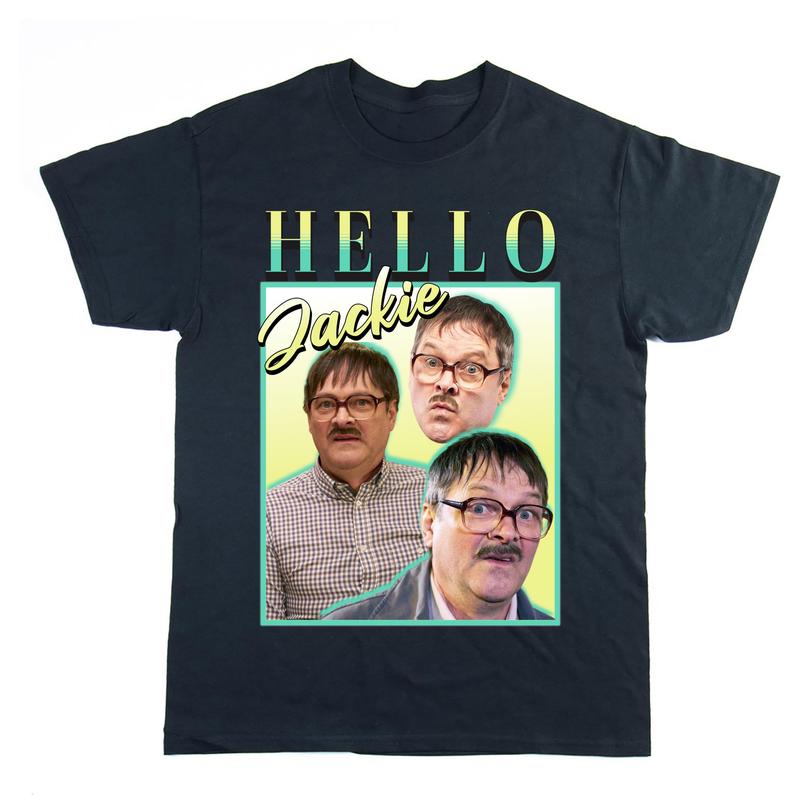 Hello Jackie, Jim Friday Night Dinner Homage Tee, Funny Meme T-shirt, Shalom, Jim and Wilson, Retro Vintage 90's Tee, Oversized Fit T-shirt 0