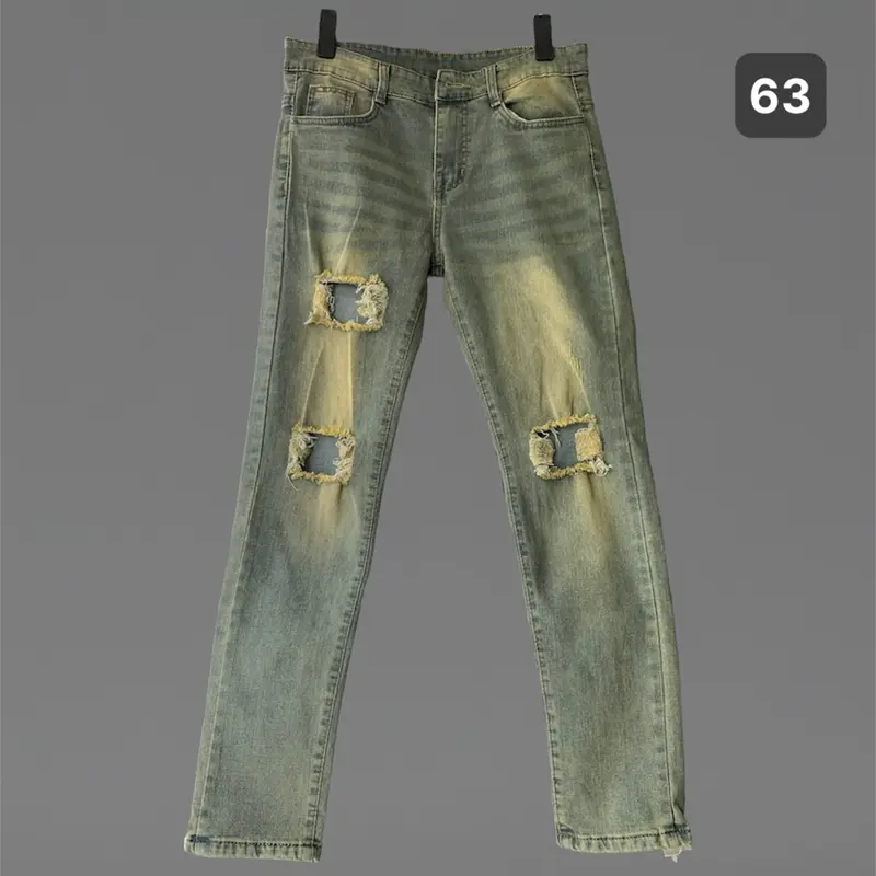 Quần jeans nam 69 rách gối màu xanh rêu, chất liệu bò co giãn thời trang cao cấp NấmStore form skinny mới Menswear Có Túi Pants 1