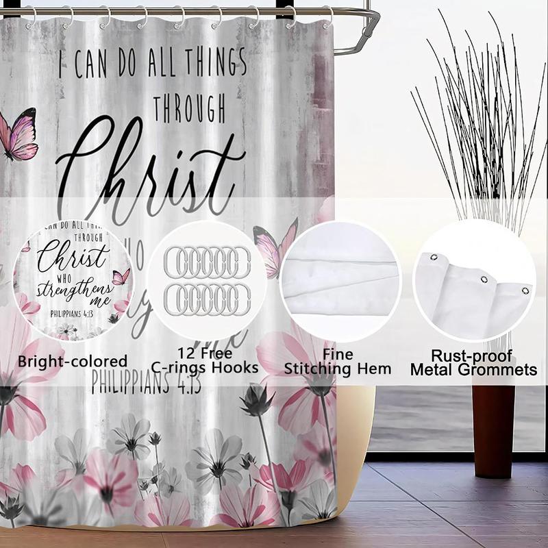 Product Introduction of Floral Pattern Bathroom Set, 1 Shower Curtain & 1 Bath Mat & 1 U-shaped Rug & 1 Toilet Lid Cover, Bathroom Accessories for Home Decor 3