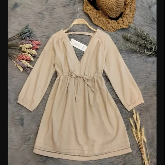 Đầm babydoll cổ tim tay dài lenin