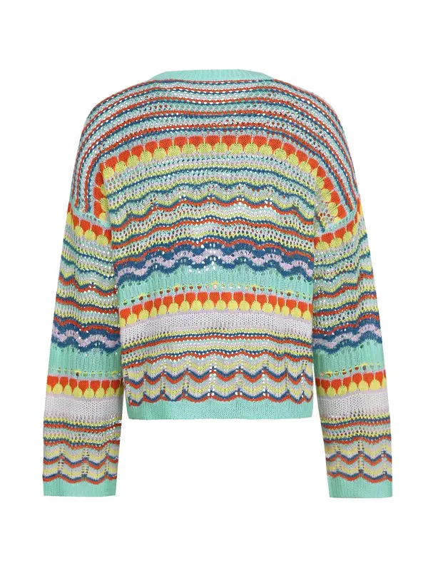 Women's Colorful Striped Print Hollow Out Drop Shoulder Sweater, Chic Elegance Casual Breathable Long Sleeve Round Neck Pullover Jumper for Spring & Fall, Sweater for Women, Sweaters for Women, Fashion Women's Knitwear for Daily Wear 7