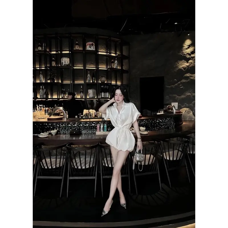 ￼Jumpsuit sơ mi trắng tùng bồng có quần bảo hộ , Đầm sơ mi kiểu nữa bo chun eo có dây buộc cao cấp [SẴN] DH STUDIO 5