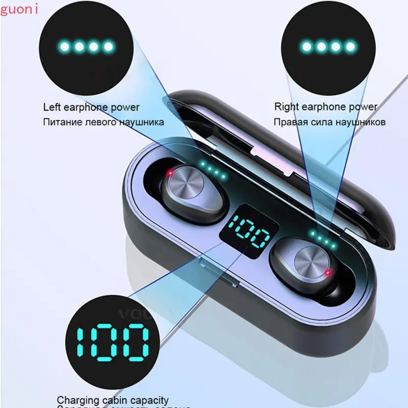 TWS-F9 Bluetooth 5.0 HiFi - Earphone Wireless Touch Control, Digital Display, Desain In-Ear, Hitam untuk HP.H 4