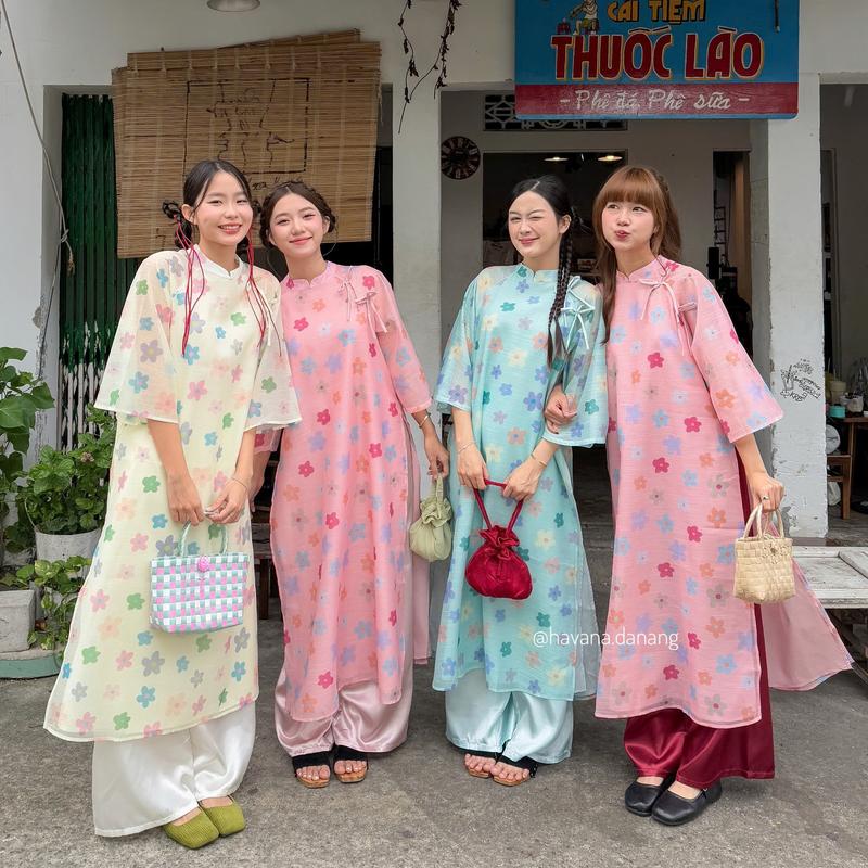 Áo dài voan tơ LỤC MAI nhiều màu 4 tà phối nơ kèm quần satin HAVANA AD155