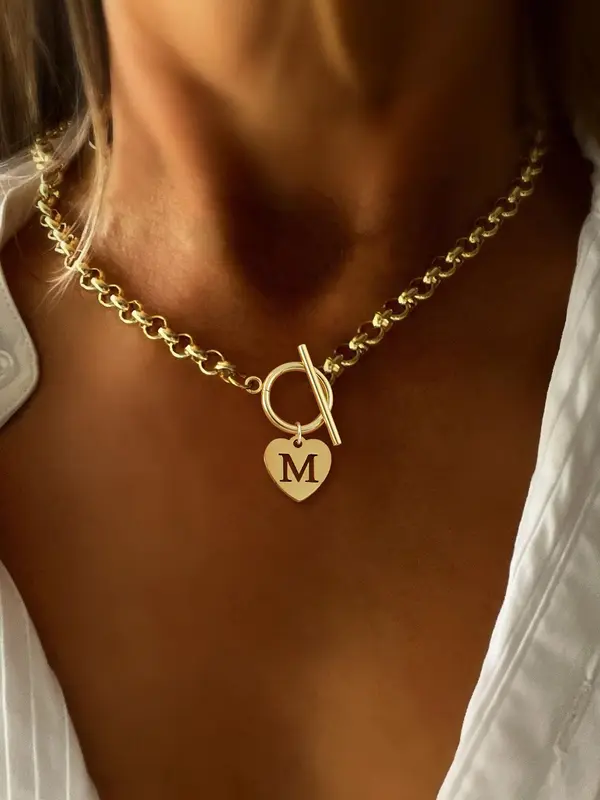 Heart Hollow Out Initial Pendant Necklace, Stainless Steel Chain Statement Necklace for Women with OT Buckle, Elegant Fashion Jewelry for Party, Daily Decor, Trendy All-match & Exquisite Jewelry for Birthday Gift, Girlfriend Gifts 0