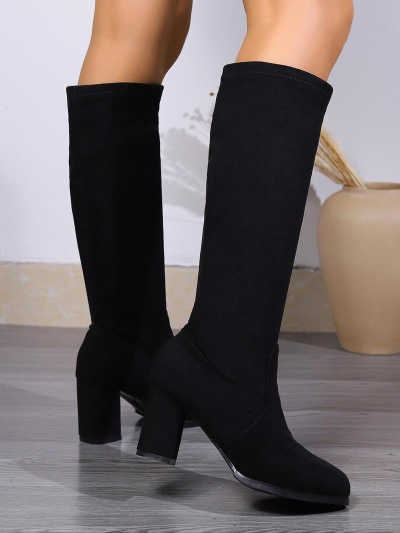 Product Introduction of Women's Solid Color Chunky Heel Boots, Fashionable Pointed Toe Knee Boots for Daily Wear, Comfortable and Durable Boots for Women & Girls 4