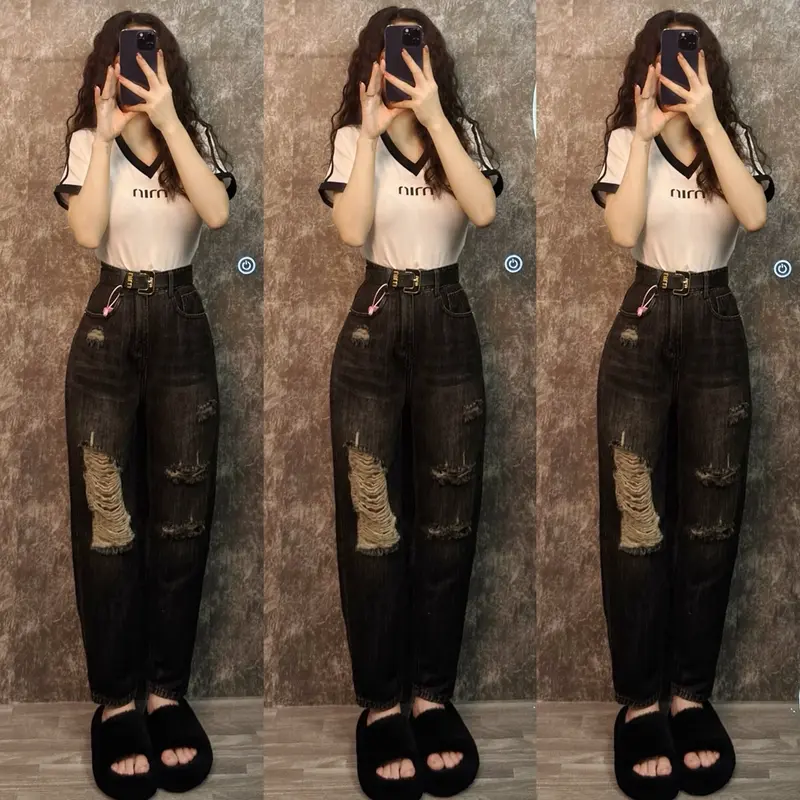 [Có bigsize] [030- 042] Quần Baggy Jeans Nữ QC Túi Kiểu Không Co Dãn Màu Đen Tiêu Pants Women 4