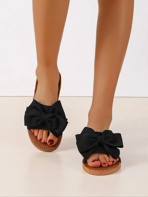 Women's Cute Bowknot Design Slip-on Sandals, Flat Shoes Sandals, Leather Sandals, Soft Non-slip Brown Slide Sandals for Summer 2025, Fashion Round Toe Flat Sandals for Daily Wear, Comfort Shoe, Ladies Sandal 7