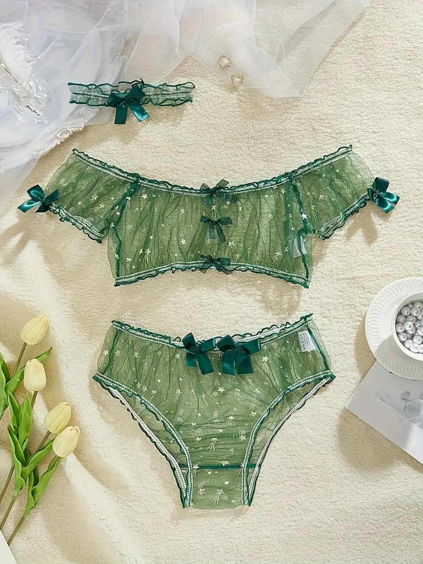Women's Star Print Sheer Tulle Sexy Lingerie Three-piece Set, Romantic Lettuce Trim Bra & Ruched Panty & Bow Decor Choker Set, Lingerie Set for Women