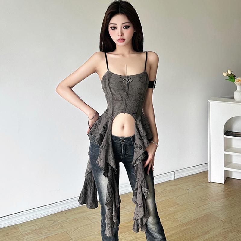 Áo Yếm Cho Nữ, Trang Trí Kim Loại Rách, Viền Xù, Không Tay, Hở Lưng, Áo Ba Lỗ, Áo Vest Mùa Hè 4