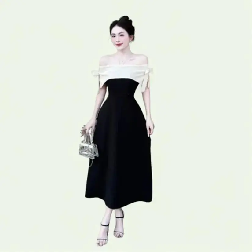 Đầm Thiết Kế Bigsize Nista Trễ Vai Phối Nơ Vai Dáng A Dài Bigsize từ 60-90kg Dress Nữ Women Váy thường mặc Váy dự tiệc